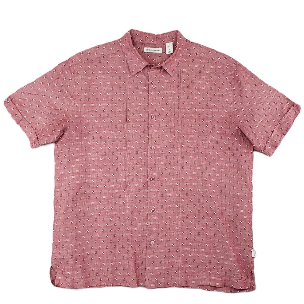 Cubavera Textured‎ Linen Shirt Mens Large Red Aloha Casual Tropical Cotton Cuban
